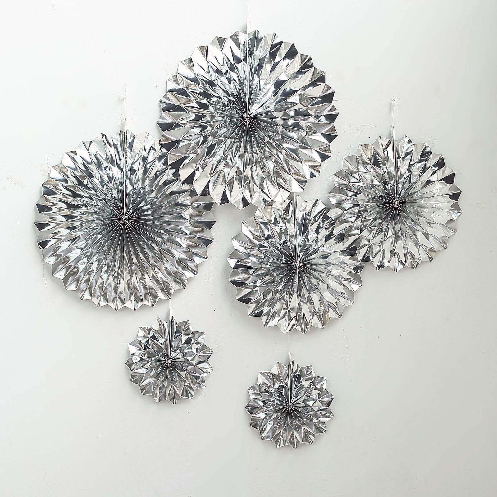 Set of 6 Metallic Silver Hanging Paper Fan Decorations, Pinwheel Wall Backdrop Party Kit - 8", 12", 16"