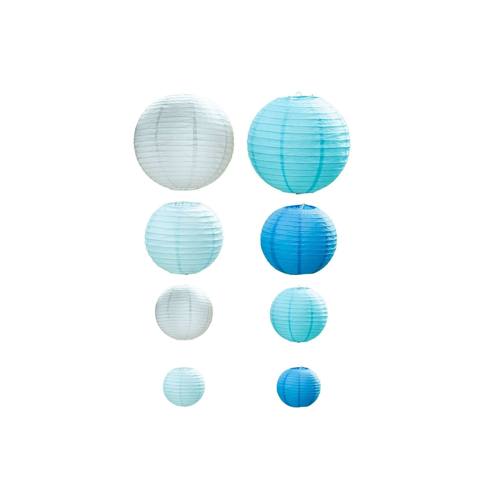 Set of 8 Mixed Blue White Hanging Paper Lanterns, Decorative Round Chinese Sky Lanterns, Assorted Sizes - 6",8",10",14"