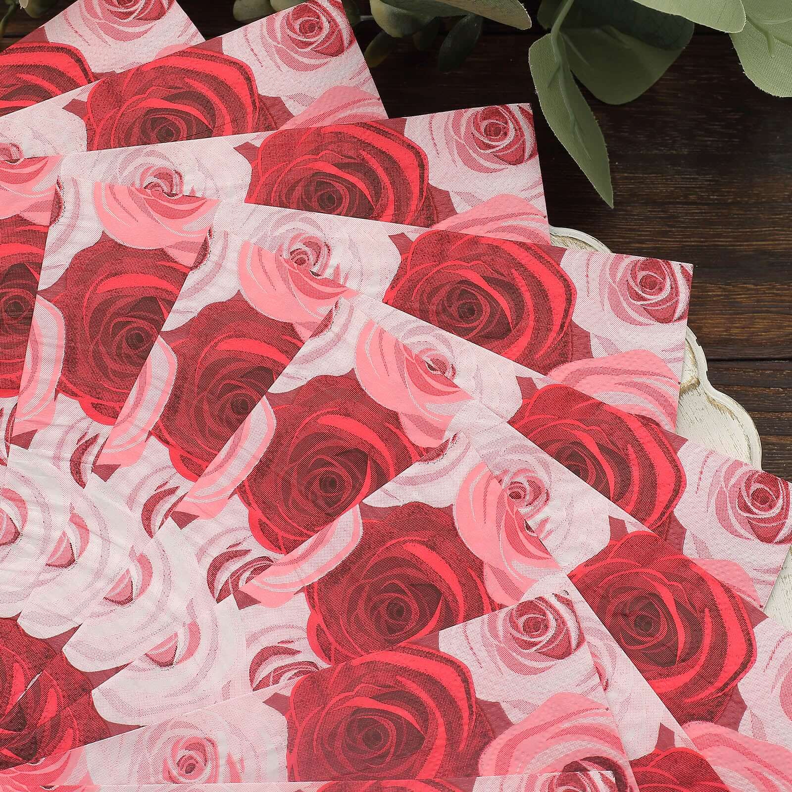 50-Pack Paper Beverage Napkins with Floral Design Red/Pink - 2 Ply Soft 18GSM Rose Garden Wedding Napkins 6.5"x6.5"