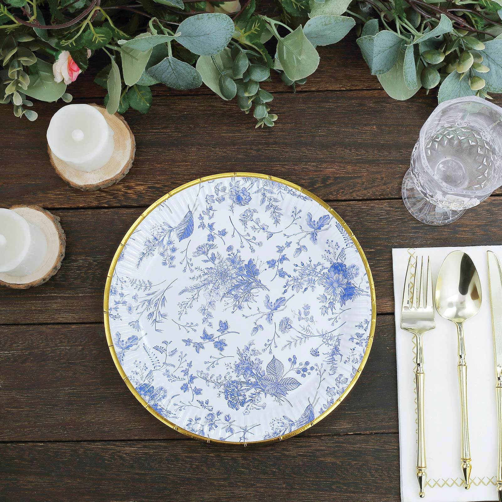 25-Pack Paper 9" Round Dinner Plates in White with Light Blue French Toile Pattern & Gold Rim - Disposable Party Plates for Picnics & Chic Brunches