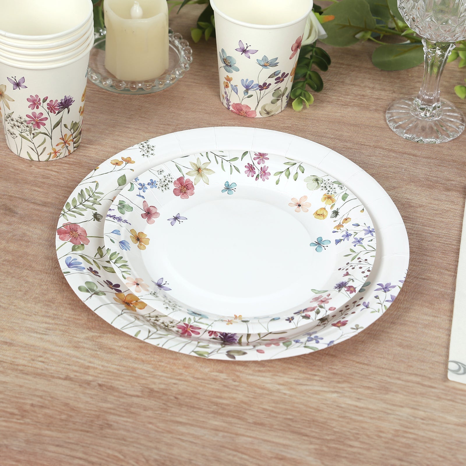 72 Pcs Paper Plates and Cups Set in White with Wildflower Butterfly Print - Disposable Party Supplies for Spring & Garden Themes