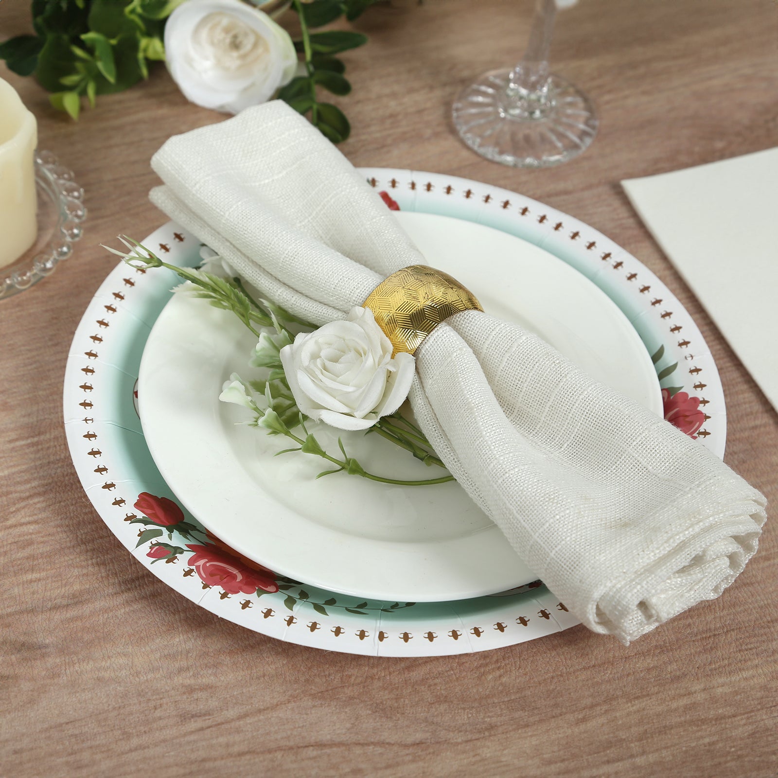 25-Pack Paper 9" Round Dinner Plates in Turquoise with Vintage Rose Flower Print - Disposable Plates for High Tea Gatherings & Romantic Celebrations