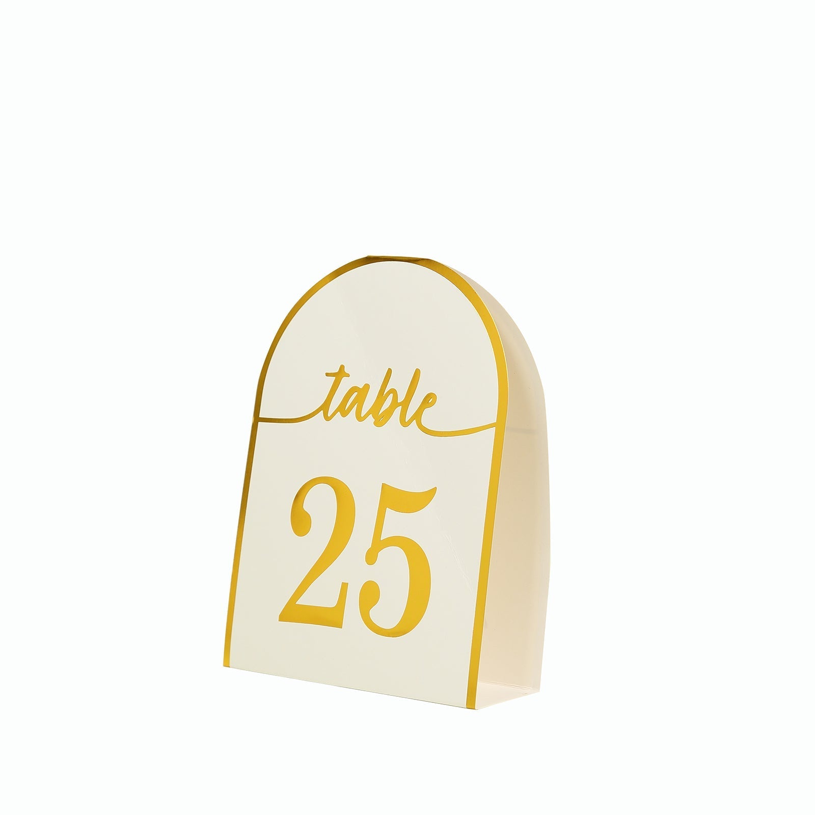 25-Pack Paper Wedding Table Numbers 1-25 White Arch Cutout Design - Sleek & Modern Free Standing Double Sided Table Tent Cards with Metallic Gold Foil Numbers 7"