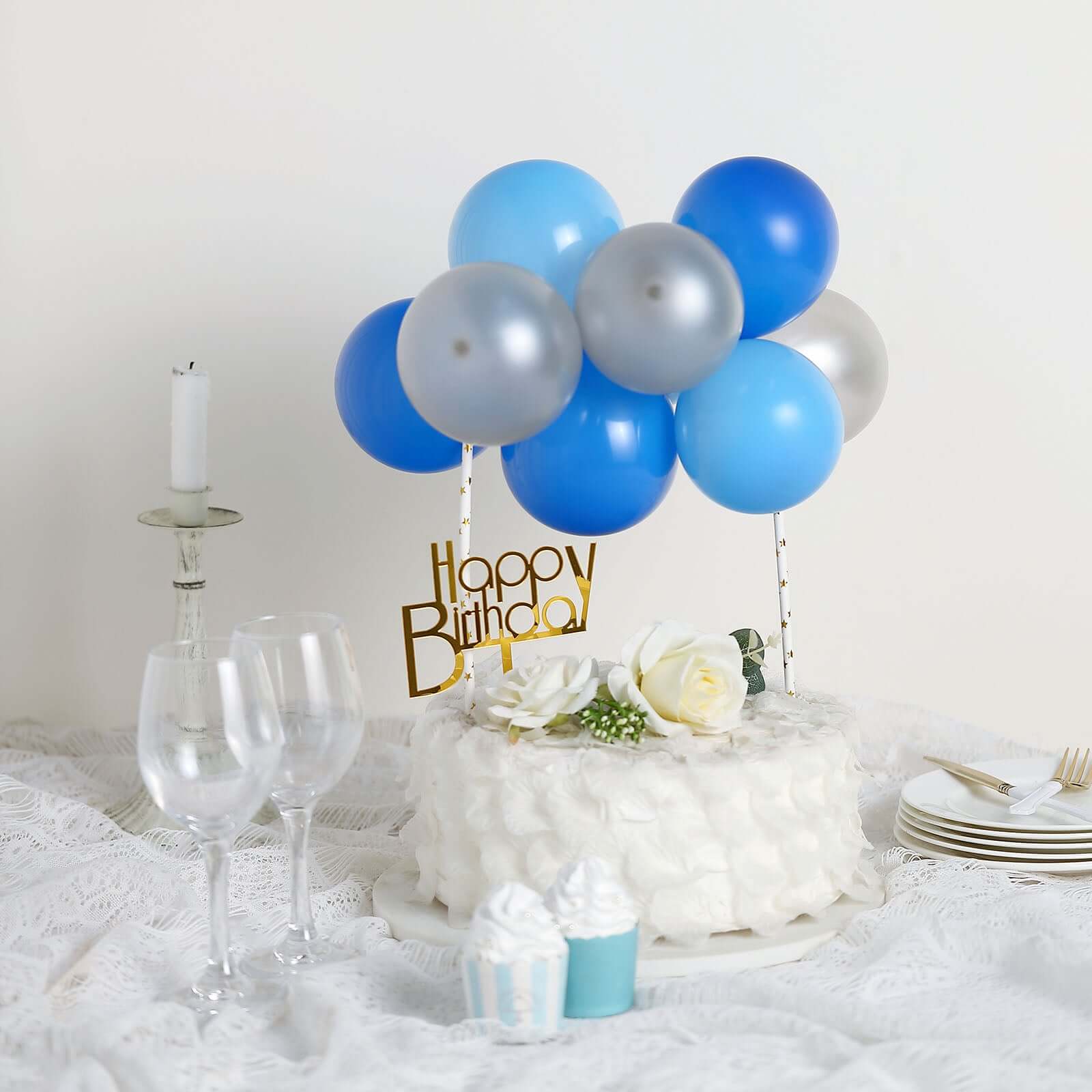 11 Pcs Balloon Cake Topper Light Blue, Royal Blue and Silver - Whimsical Clustered Mini Garland Cake Inserts DIY Party Decorations