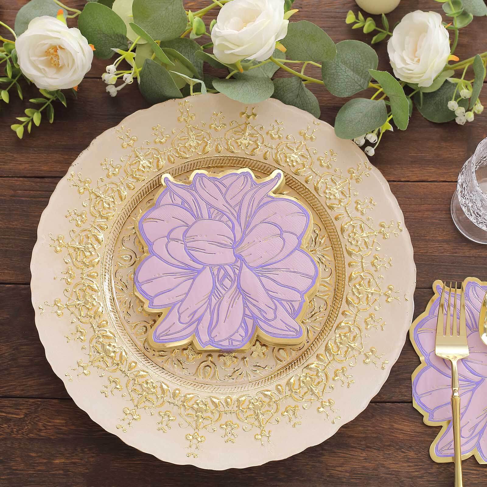 20-Pack Paper Cocktail Napkins with Purple Peony Flower Shape and Gold Edges - Stylish Disposable Party Napkins