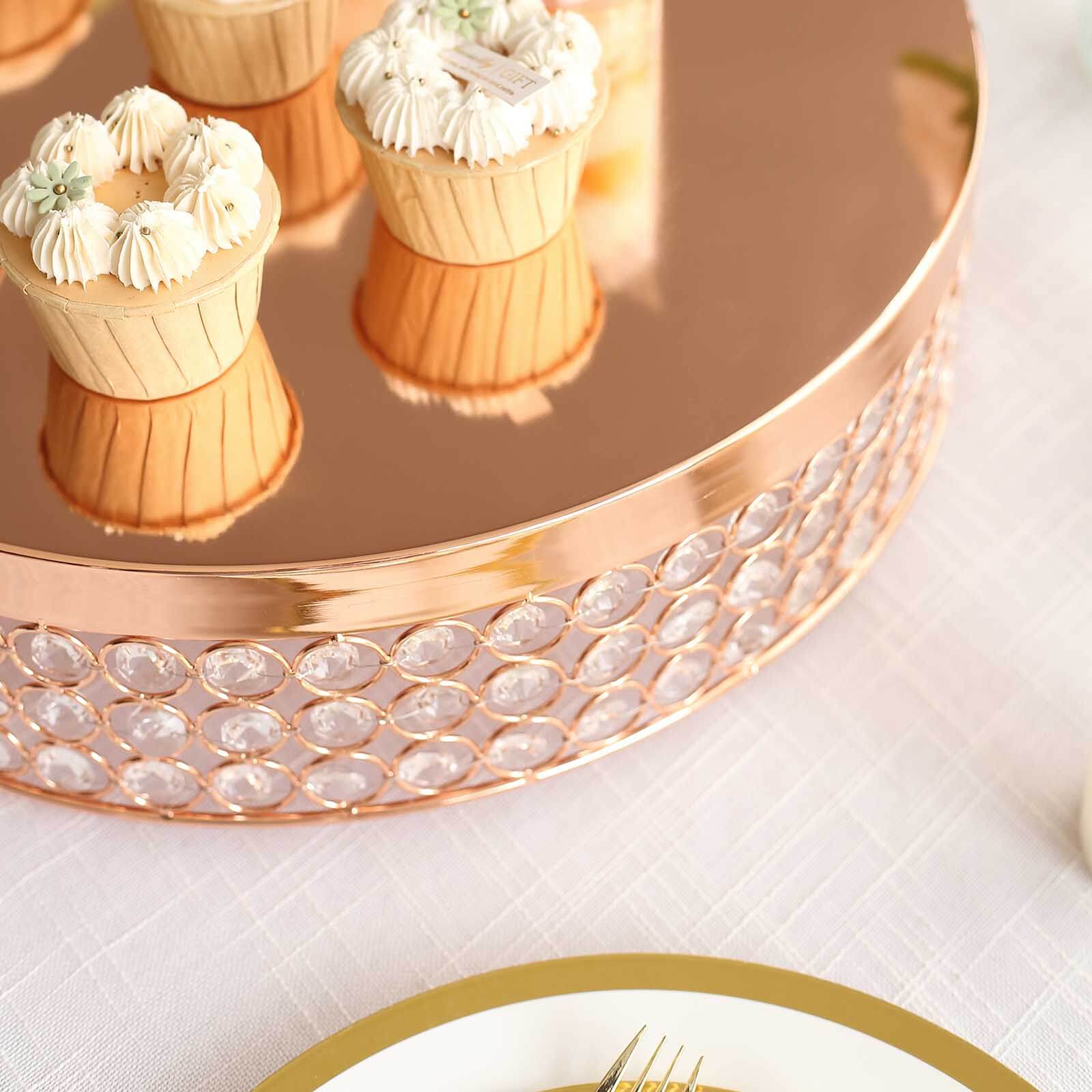 Metal Cake Stand Pedestal Crystal Beaded Design Rose Gold - Cupcake Display and Dessert Riser 16"
