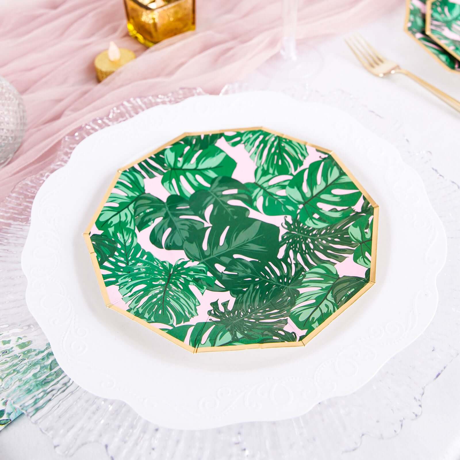 25-Pack Paper 7" Decagon Dessert Plates in Pink with Green Tropical Palm Leaves & Gold Rim - Disposable Geometric Appetizer Salad Plates for Boho Chic & Jungle Themed Events