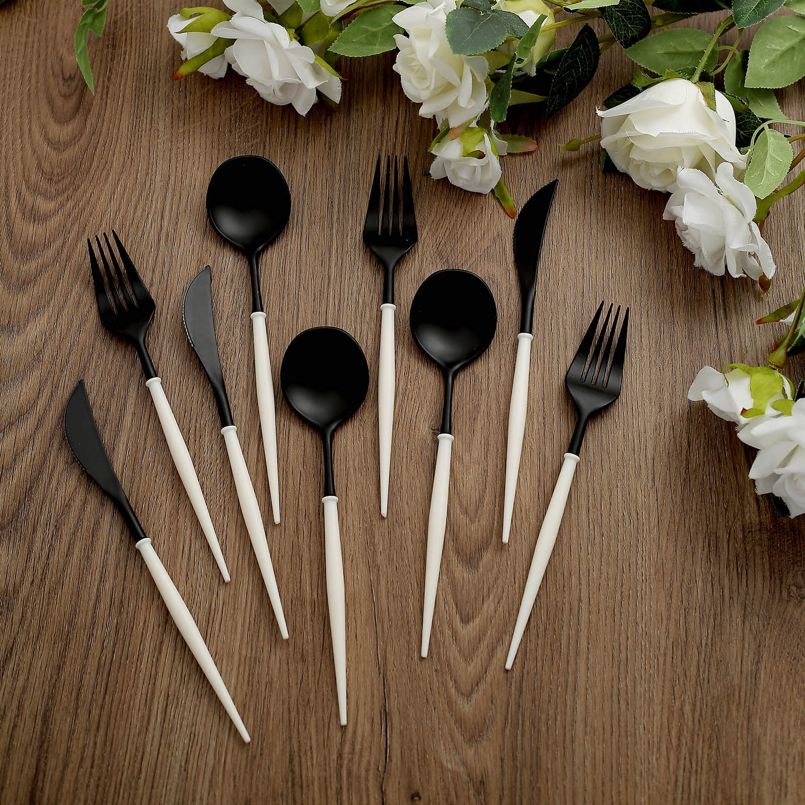 24-Pack Plastic Flatware Set in Black with Ivory Handle - Heavy Duty Disposable Modern Silverware 8"
