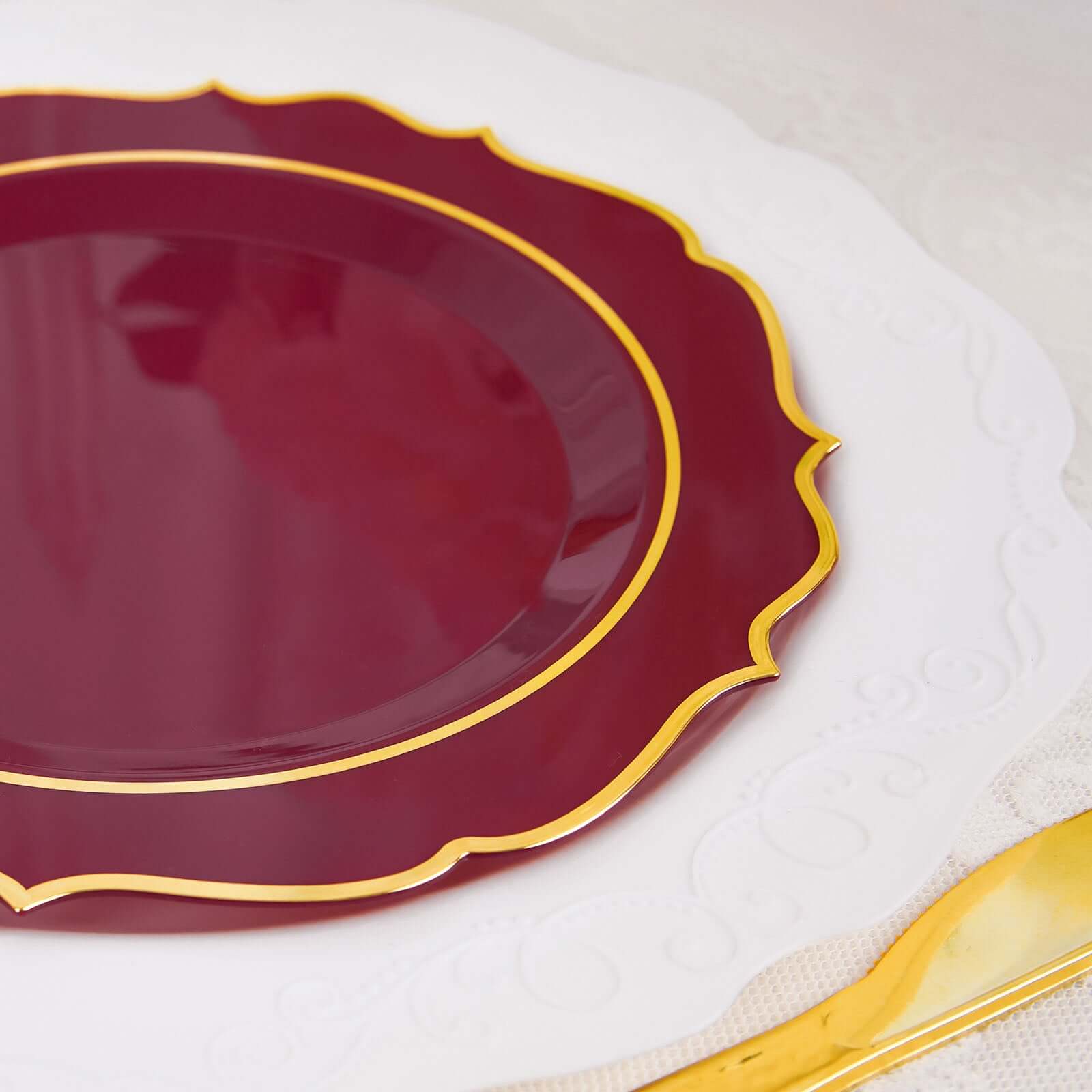10-Pack Plastic 8" Round Desert Plates in Burgundy with Gold Scalloped Rim - Disposable Appetizer/Salad Plates