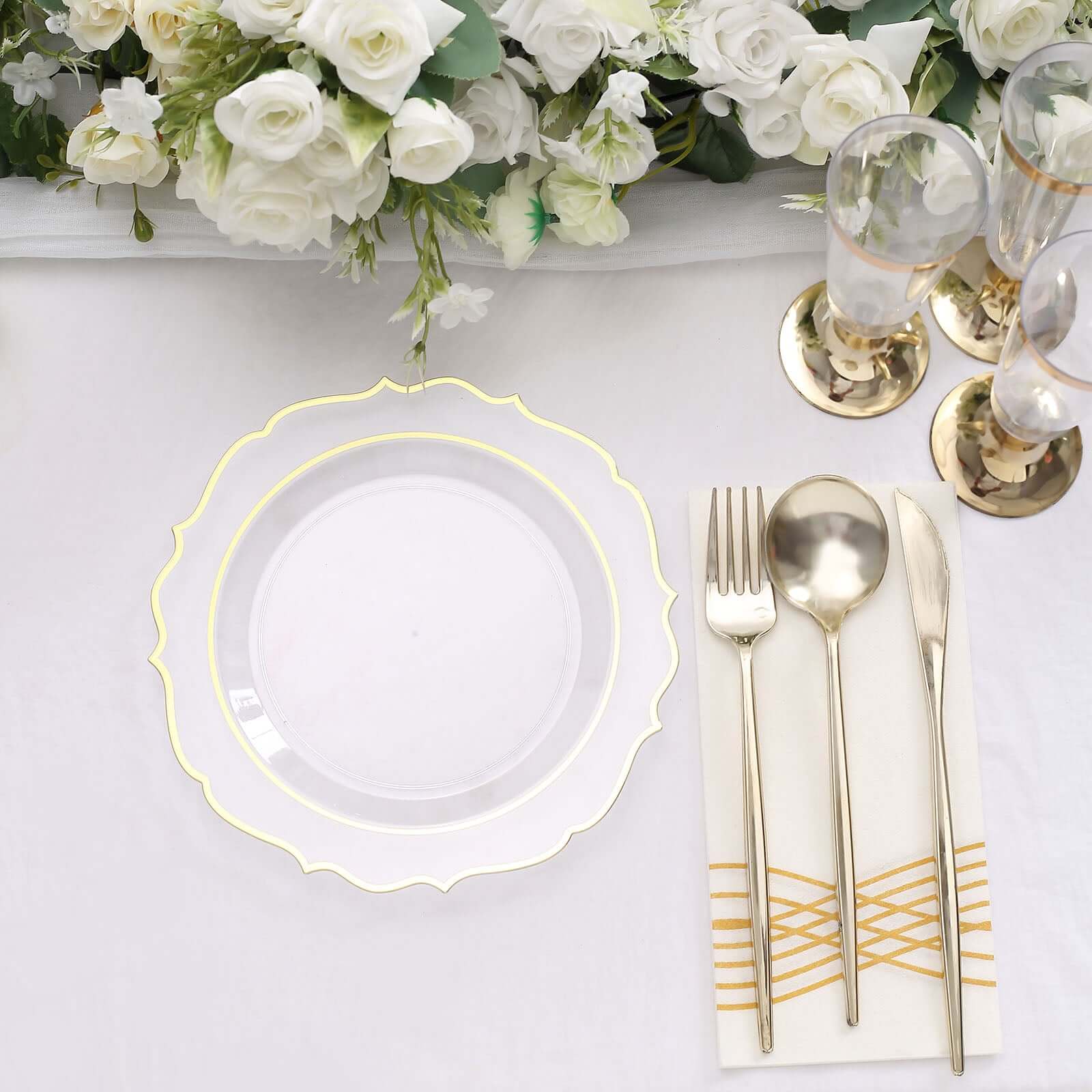 10-Pack Plastic 8" Round Desert Plates in Clear with Gold Scalloped Rim - Disposable Appetizer/Salad Plates