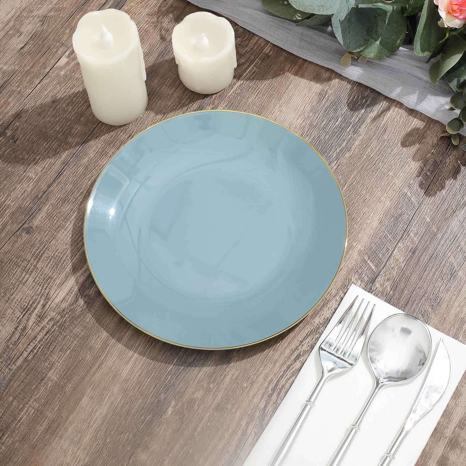 10-Pack Plastic 8" Round Dessert Plates in Dusty Blue with Gold Rim - Glossy Disposable Appetizer Salad Plates