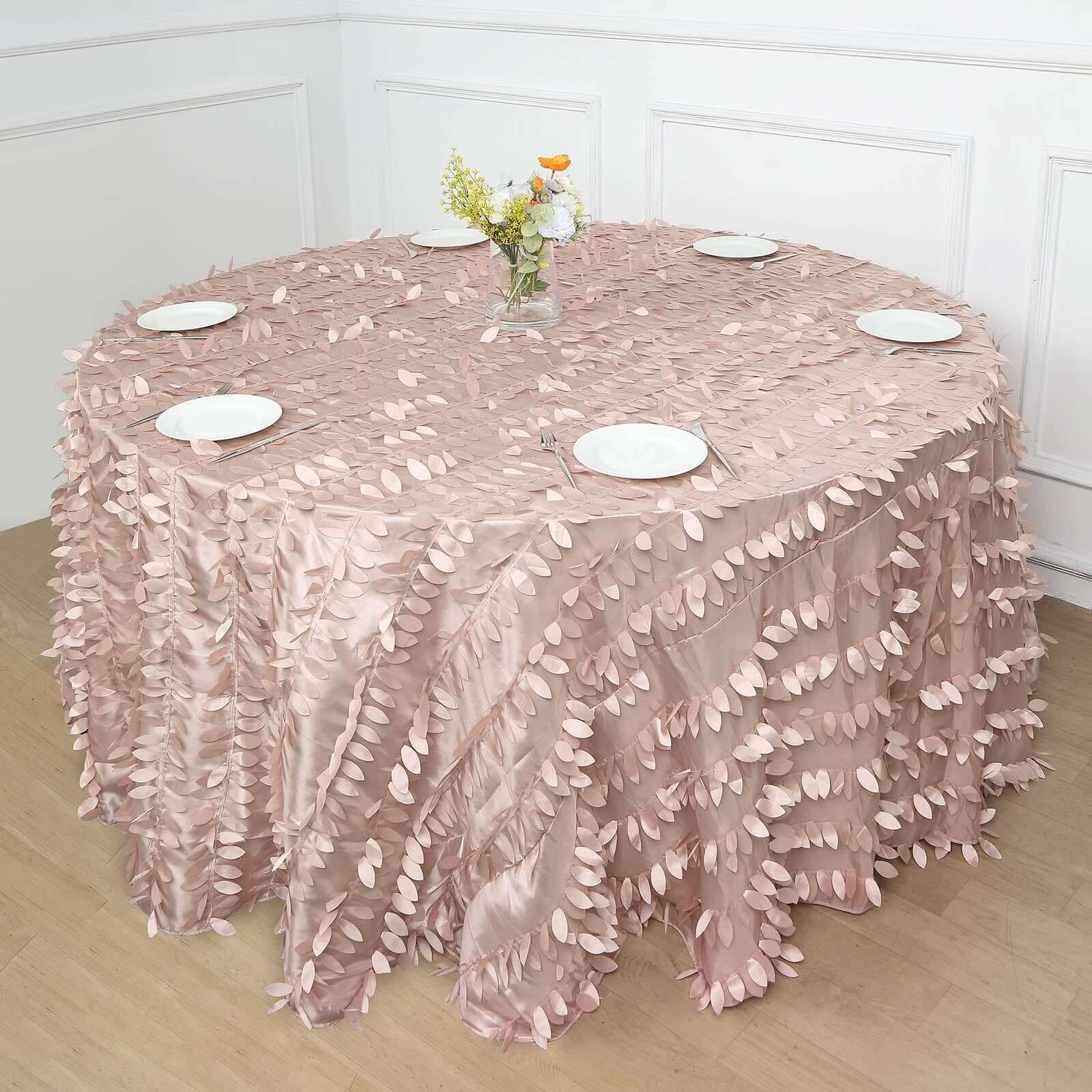 Taffeta 132" Round Tablecloth Dusty Rose | 3D Leaf Petal Design Seamless Table Cover