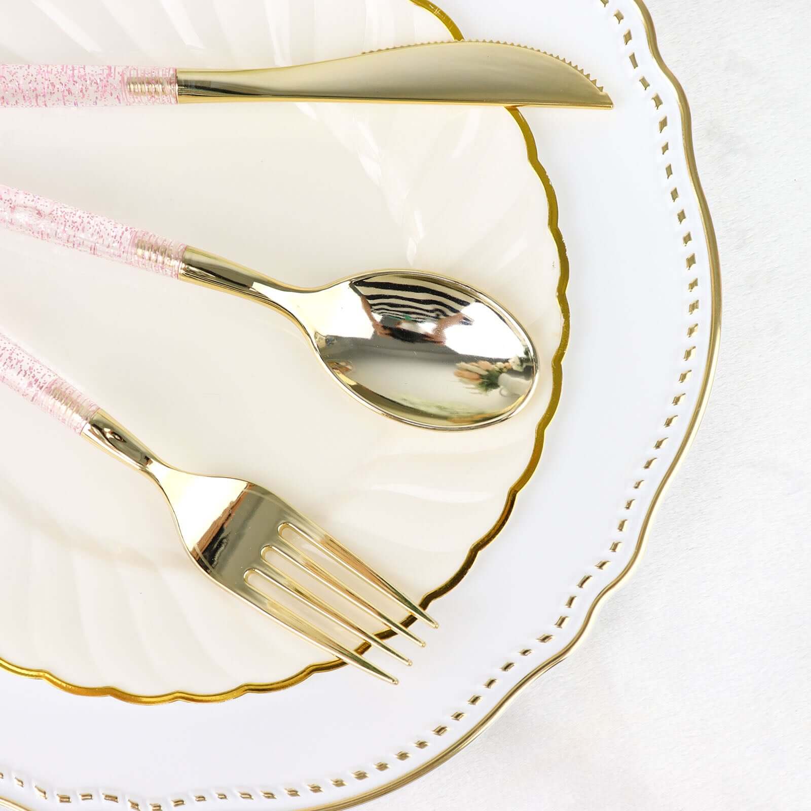 24-Pack Plastic Cutlery Set Metallic Gold with Rose Gold Glitter - Stylish Disposable Silverware-Pack 8"