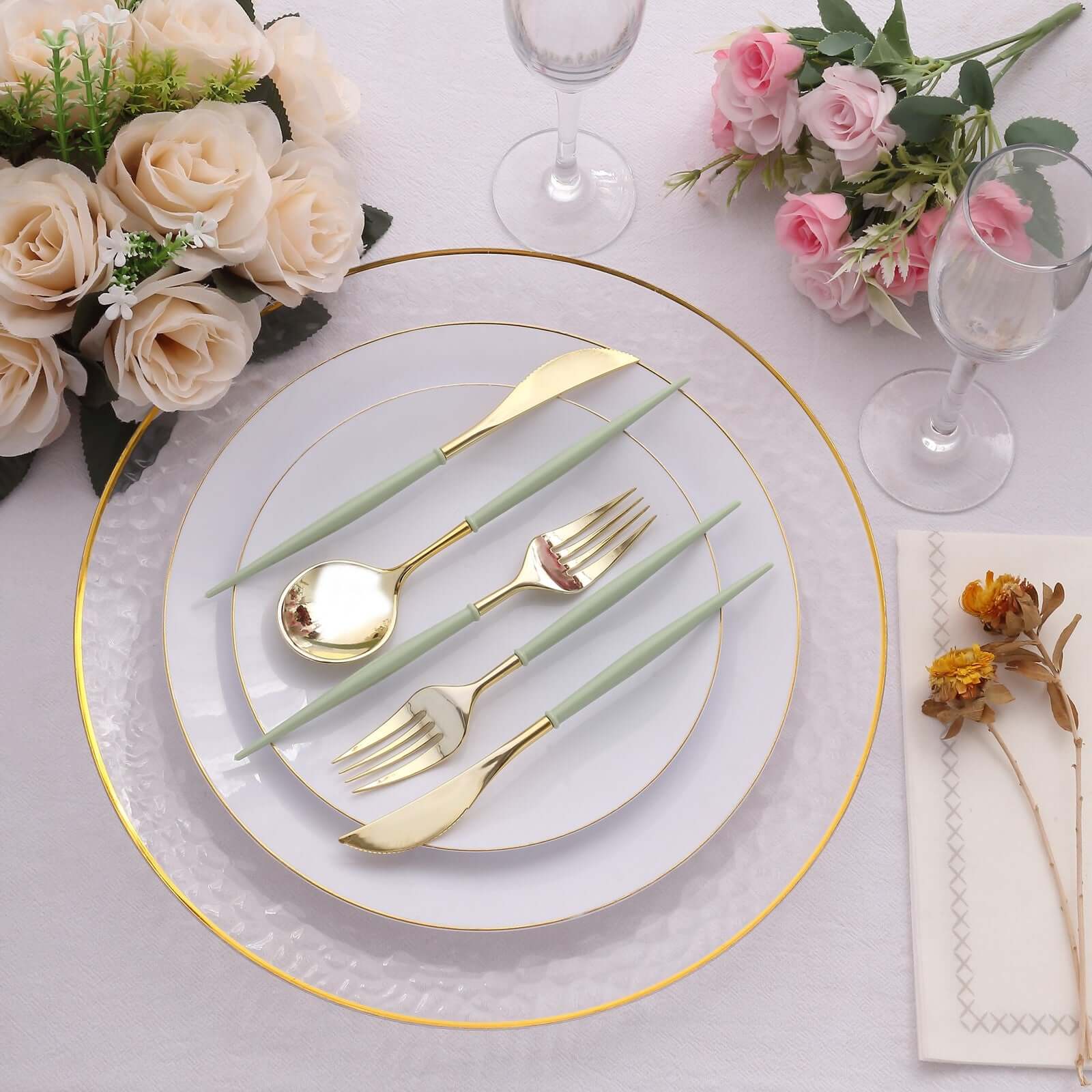 24-Pack Plastic Flatware Set in Metallic Gold with Sage Green Handle - Heavy Duty Disposable Modern Silverware 8"