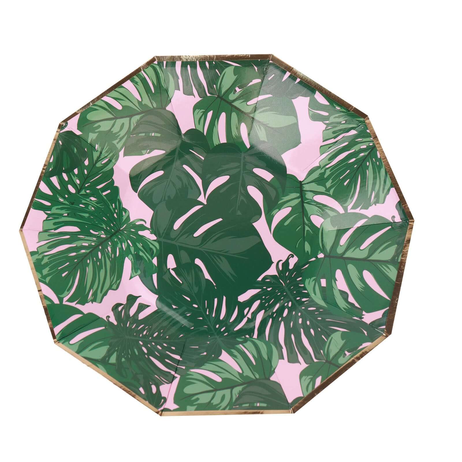 25-Pack Paper 9" Decagon Dinner Plates in Pink with Green Tropical Palm Leaves & Gold Rim - Disposable Geometric Party Plates for Luau & Summer Gatherings