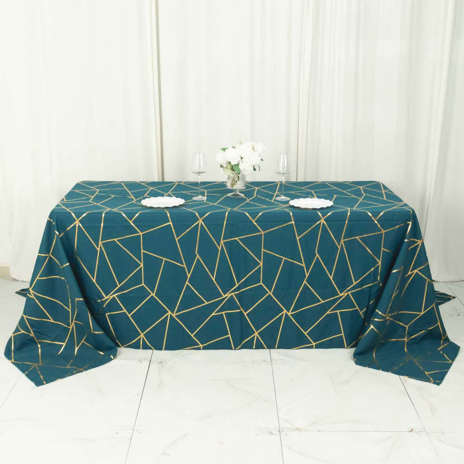 90"x132" Peacock Teal Seamless Rectangle Polyester Tablecloth With Gold Foil Geometric Pattern for 6 Foot Table With Floor-Length Drop