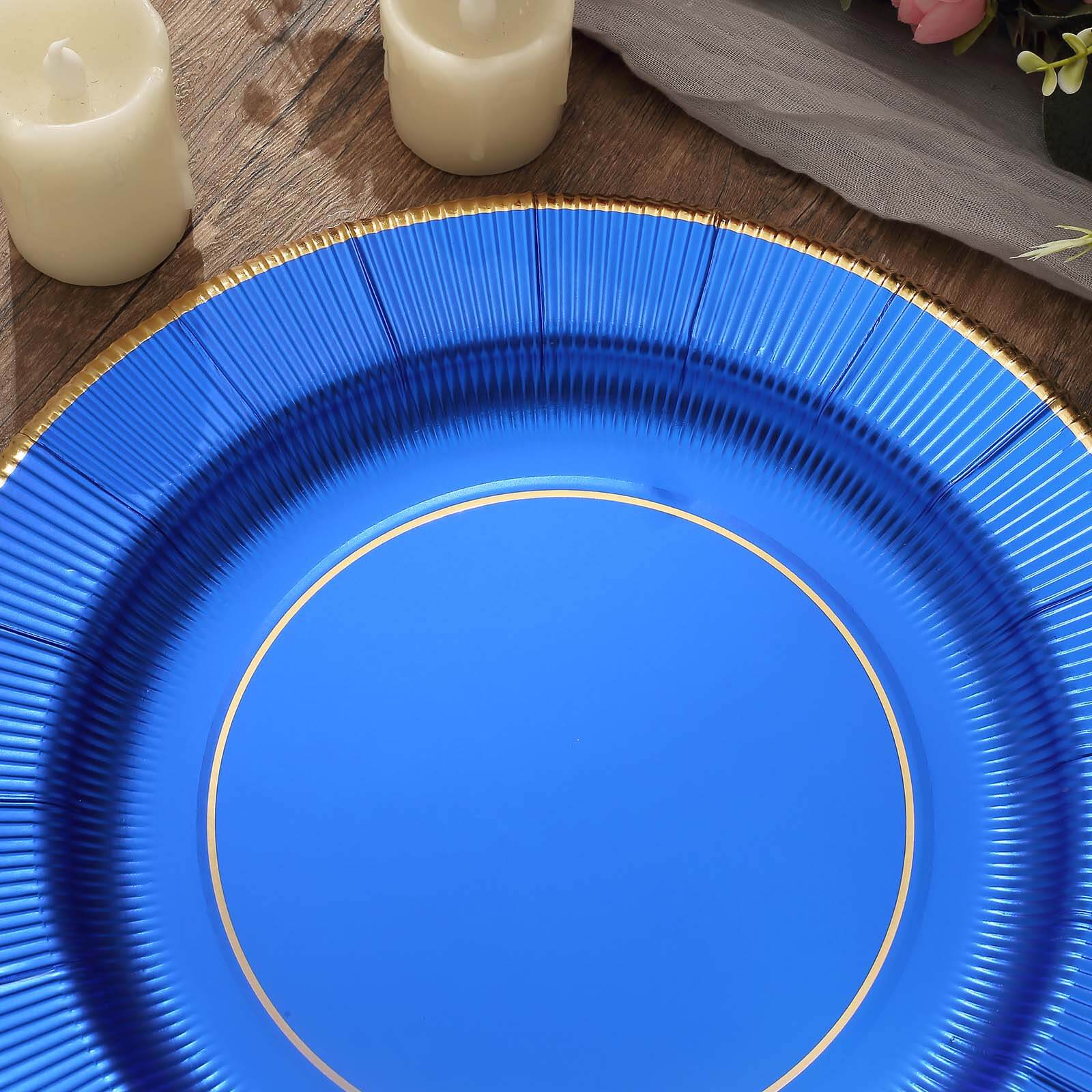 25-Pack Disposable Round Charger Plates in Royal Blue Sunray Design with Gold Rim - 350GSM Heavy Duty Paper Chargers 13"