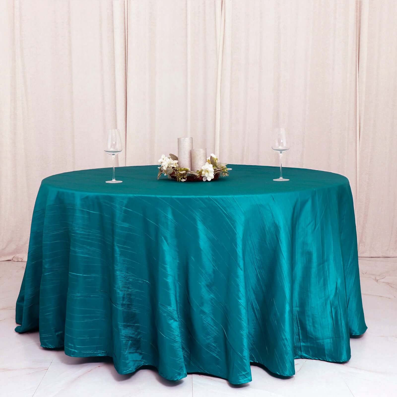 Taffeta 120" Round Tablecloth Peacock Teal - Seamless Accordion Crinkle Table Cover
