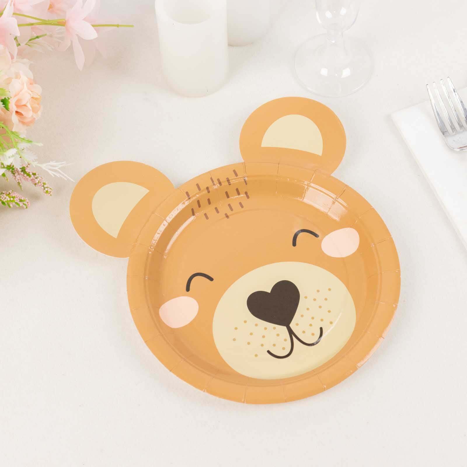 25-Pack Paper 7" Round Plates Brown Teddy Bear Print - Disposable 300GSM Cute Bear Themed Appetizer Dessert Party Plates for Baby Shower Birthday Event Decoration