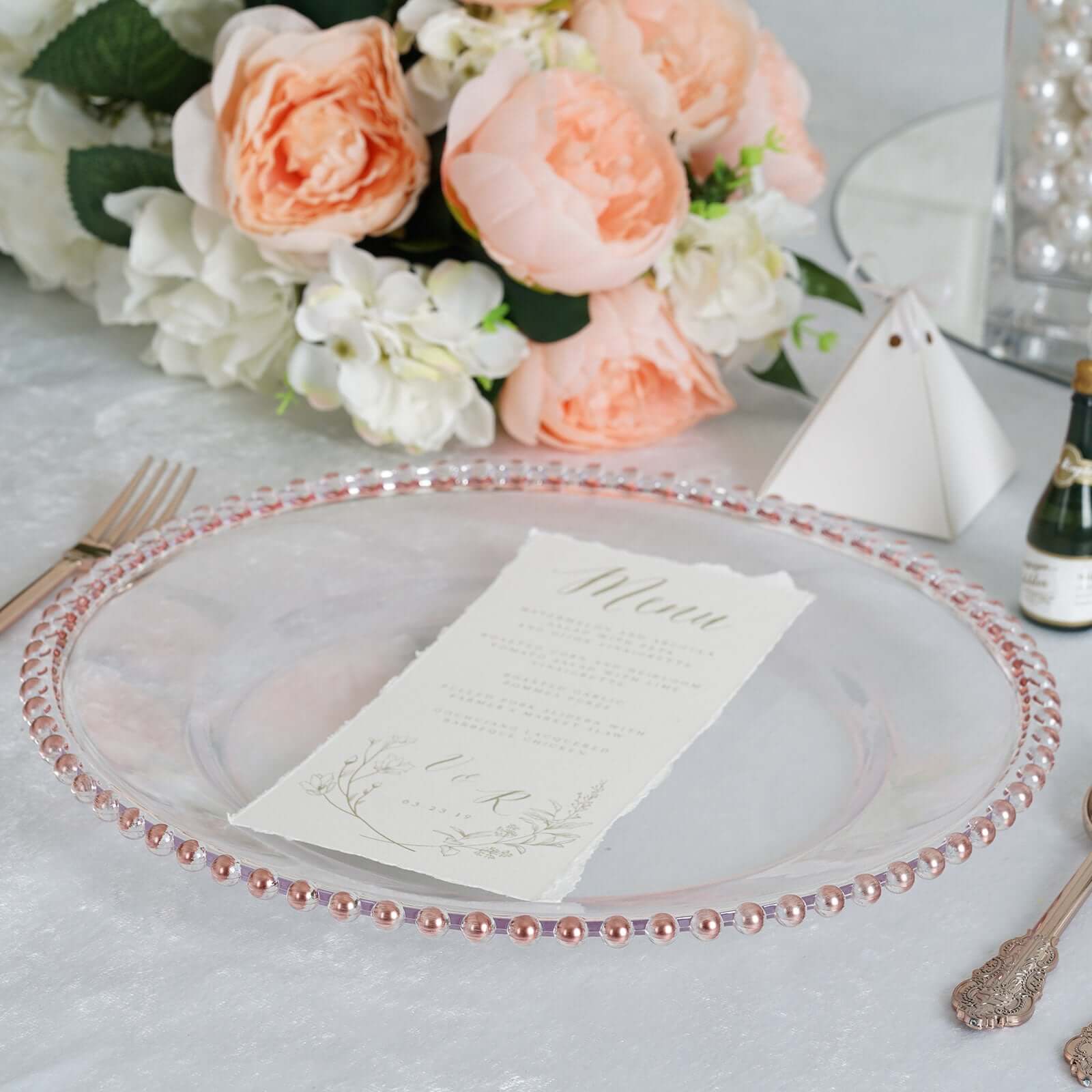6-Pack Acrylic Round Charger Plates 13" in Clear with Rose Gold Beaded Rim, Decorative Dinner Party Serving Plates