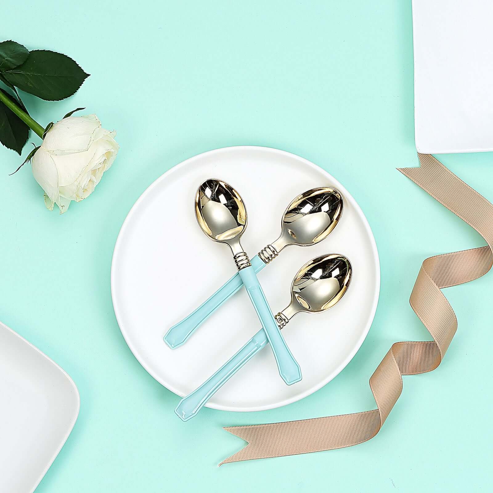 24-Pack Plastic Spoons with Light Blue Handle Gold - Heavy Duty Disposable Silverware 7"