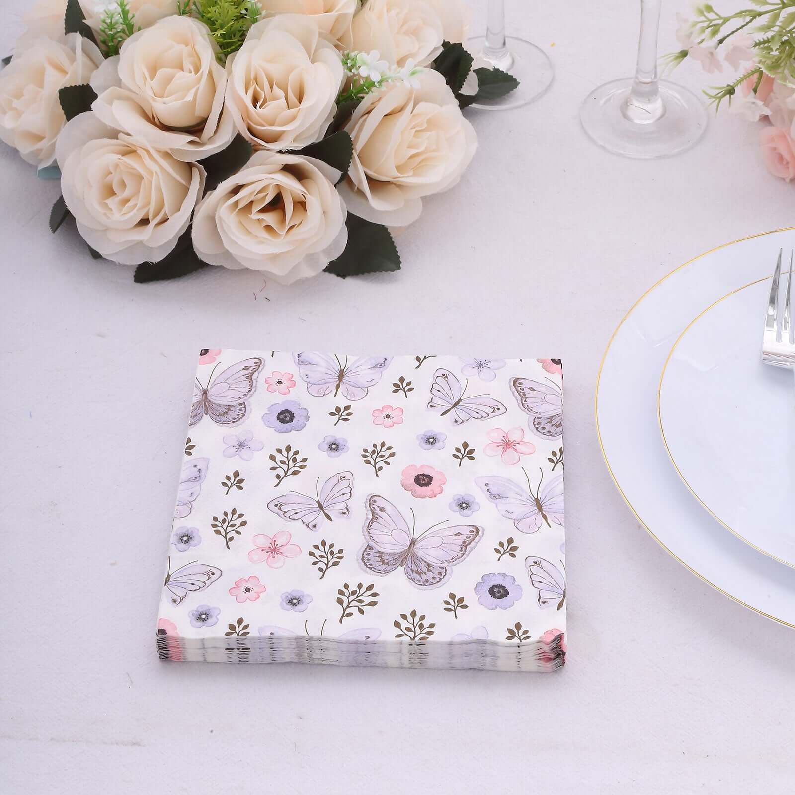 50-Pack Paper Beverage Napkins with Lavender Butterfly Floral Design Ivory - 2 Ply Soft 18GSM Garden Wedding Napkins 6.5"x6.5"