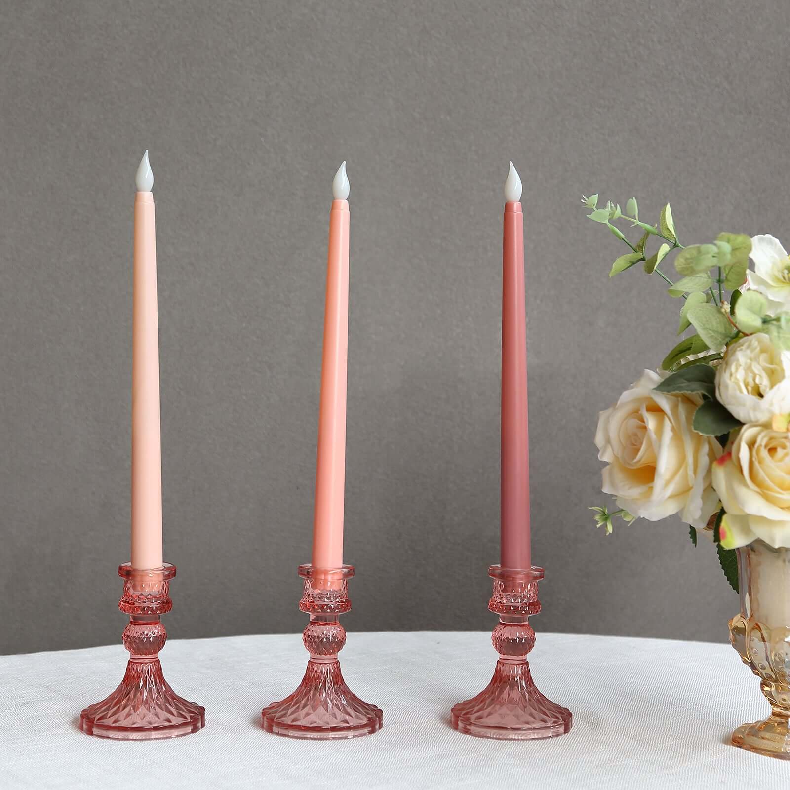 6-Pack Glass Taper Candlestick Holders Diamond Pattern Design Dusty Rose - Reversible Crystal Pillar Votive Stands 4"