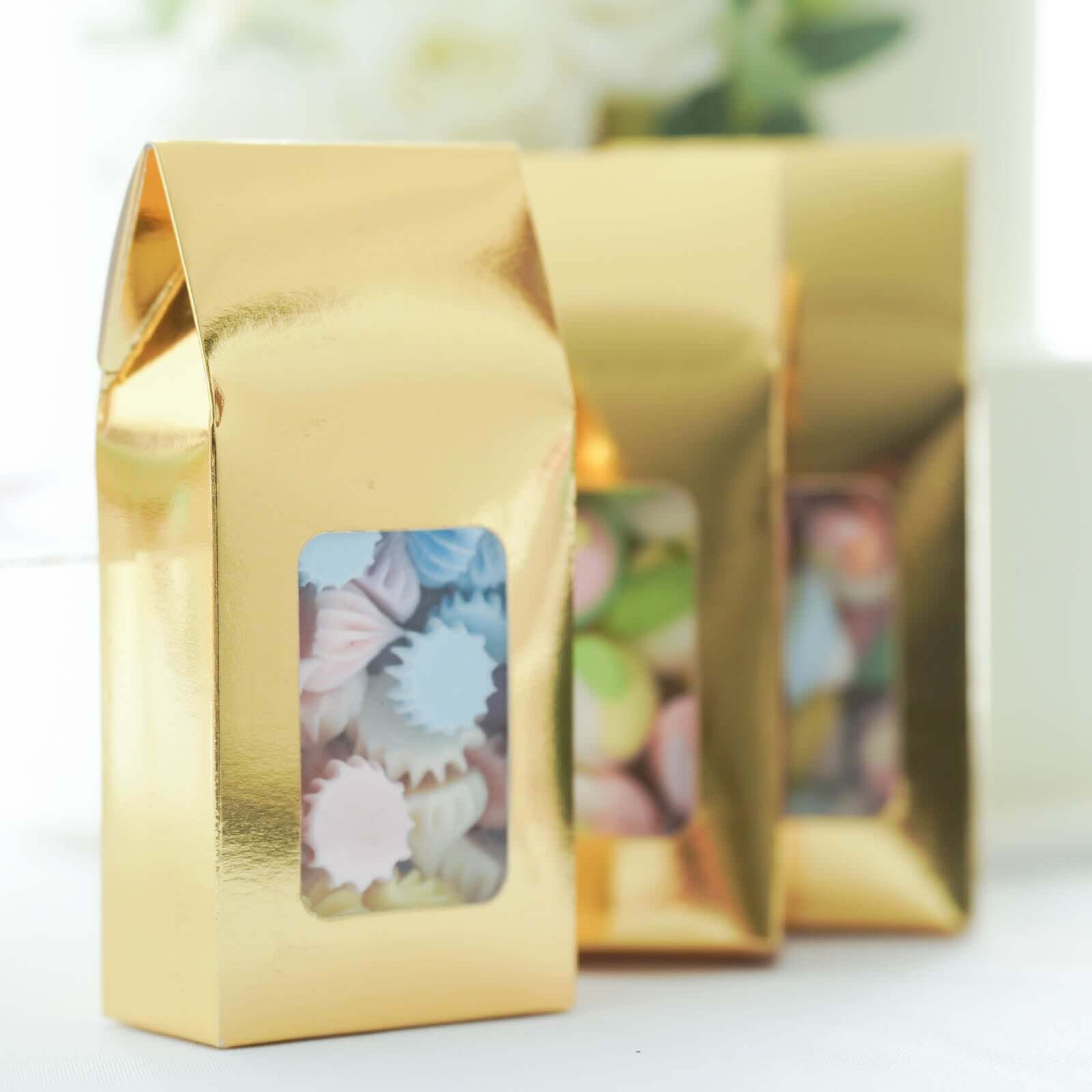 25 Pack Gold Tote With Window Party Favor Candy Gift Boxes 2.75" X 1.5" X 6"