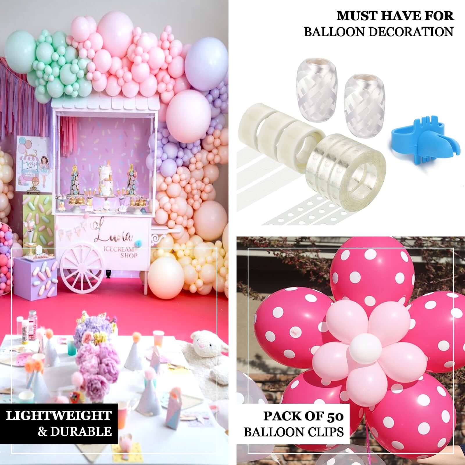 Set of 4 Balloon Arch Kit - Decorating Strips, Balloon Tie Tool, Glue Dots and Curling Ribbon for Party Decorations