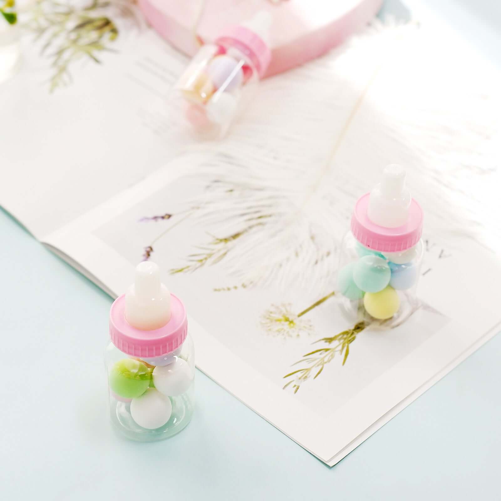 12-Pack Fillable Mini Candy Container in Baby Bottle Style Clear/Pink - Candy Treat Favor Boxes for Baby Showers 3.5"