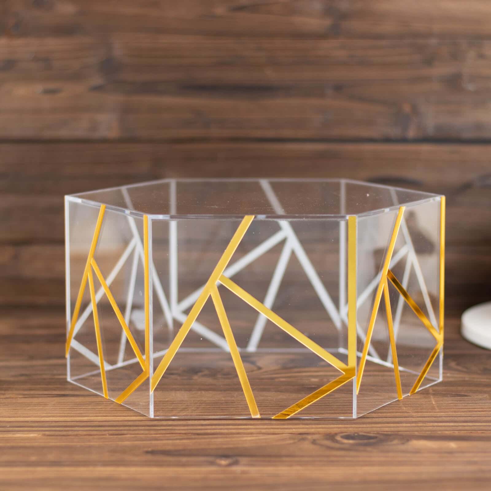 Acrylic Cake Stand Pedestal Riser Box Hexagonal Design Clear and Gold 10"x5" - Decorative Event Display