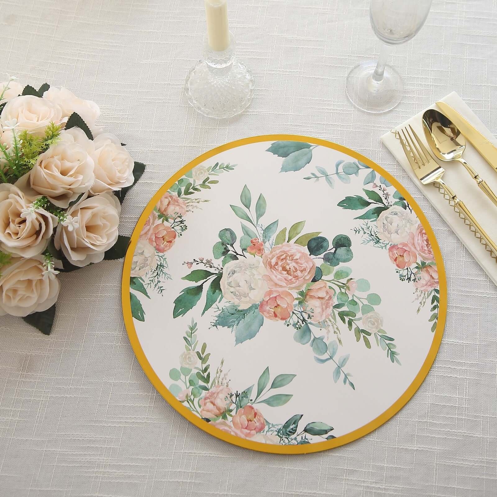 6-Pack Disposable Charger Plates in Floral Print 13" in White/Pink with Gold Rim - 700GSM Paper Chargers for Stylish & Easy Cleanup