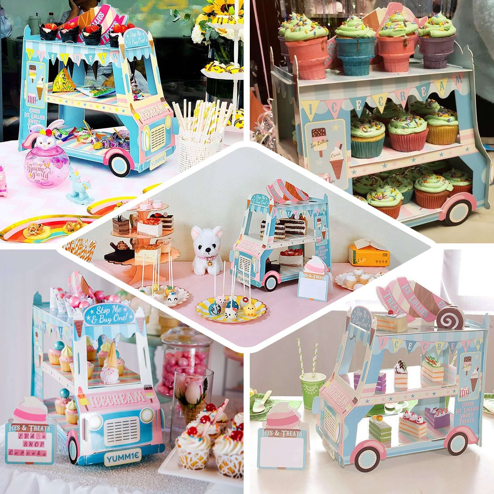 3-Tier Cardboard Cupcake Dessert Stand Tower with Ice Cream Truck Double Decker Design - Fun Disposable Treat Display for Kids' Parties & Snack Stations 16"