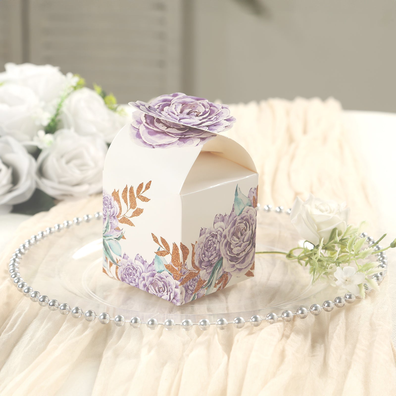25 Pack Lavender Peony Floral Top Candy Gift Boxes, Lilac Cardstock Paper Party Favor Boxes - 3"x3"x5"