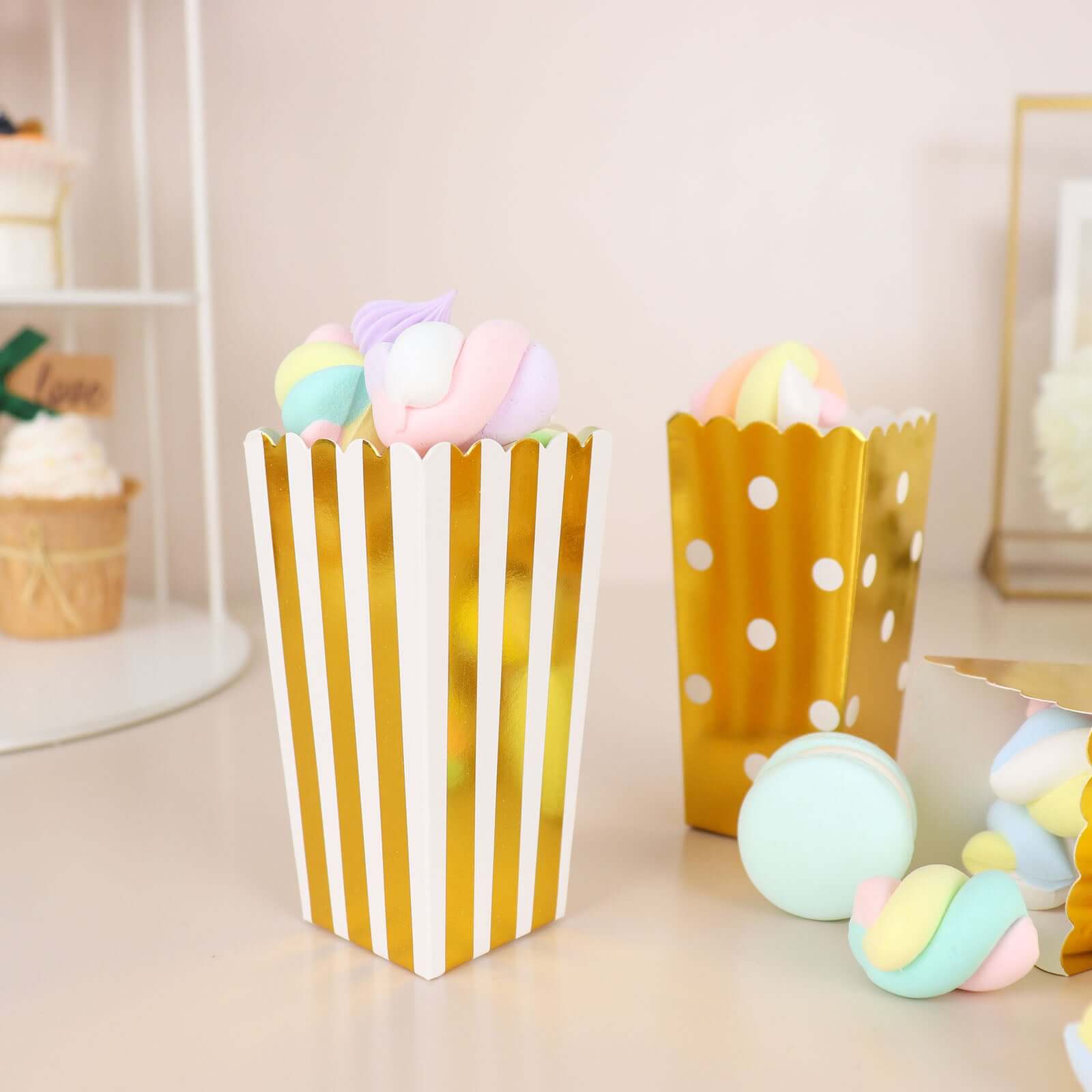 36 Pack 4" White Gold Design Mini Paper Popcorn Boxes, Candy Favor Disposable Bags - Stripe, Polka Dot, Solid Style