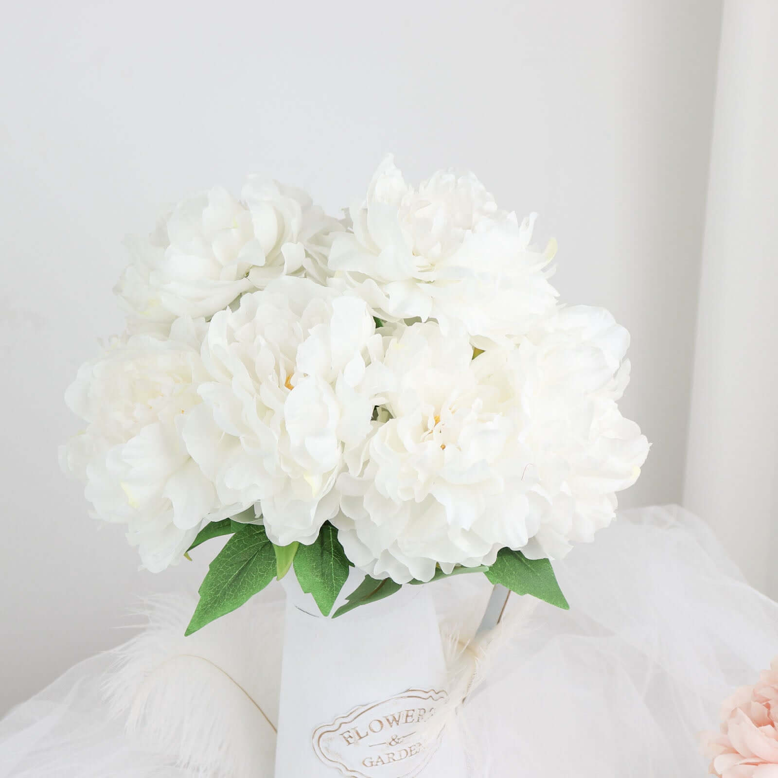 2 Bushes 17" White Artificial Silk Peony Flower Bouquets, Real Touch Peonies Spray