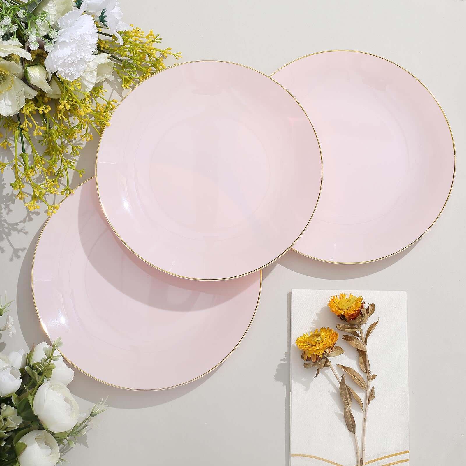 10-Pack Plastic 8" Round Dessert Plates in Blush with Gold Rim - Glossy Disposable Appetizer Salad Plates