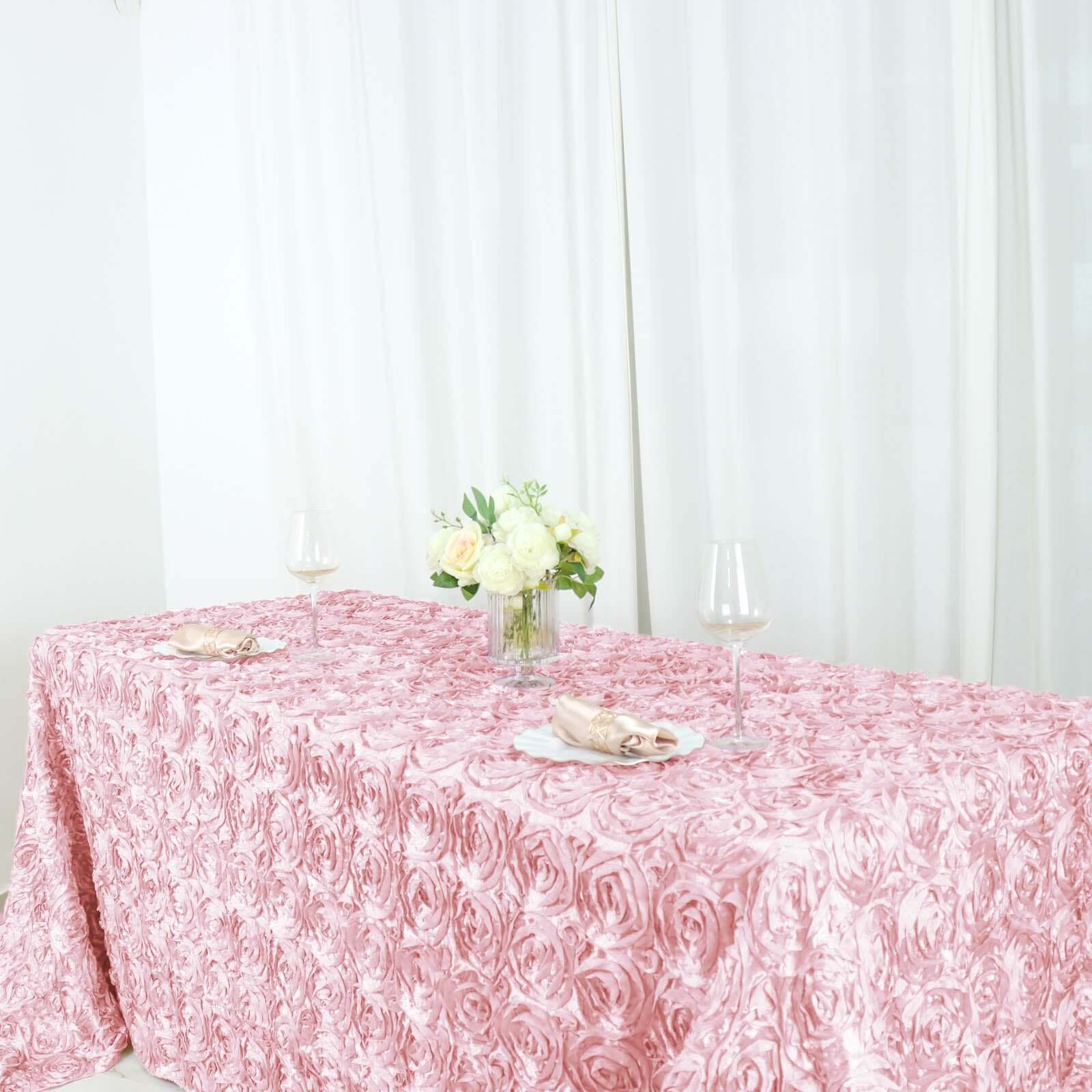 Satin 90"x156" Rectangle Tablecloth Blush - Grandiose 3D Rosette Table Cover with Seamless Finish
