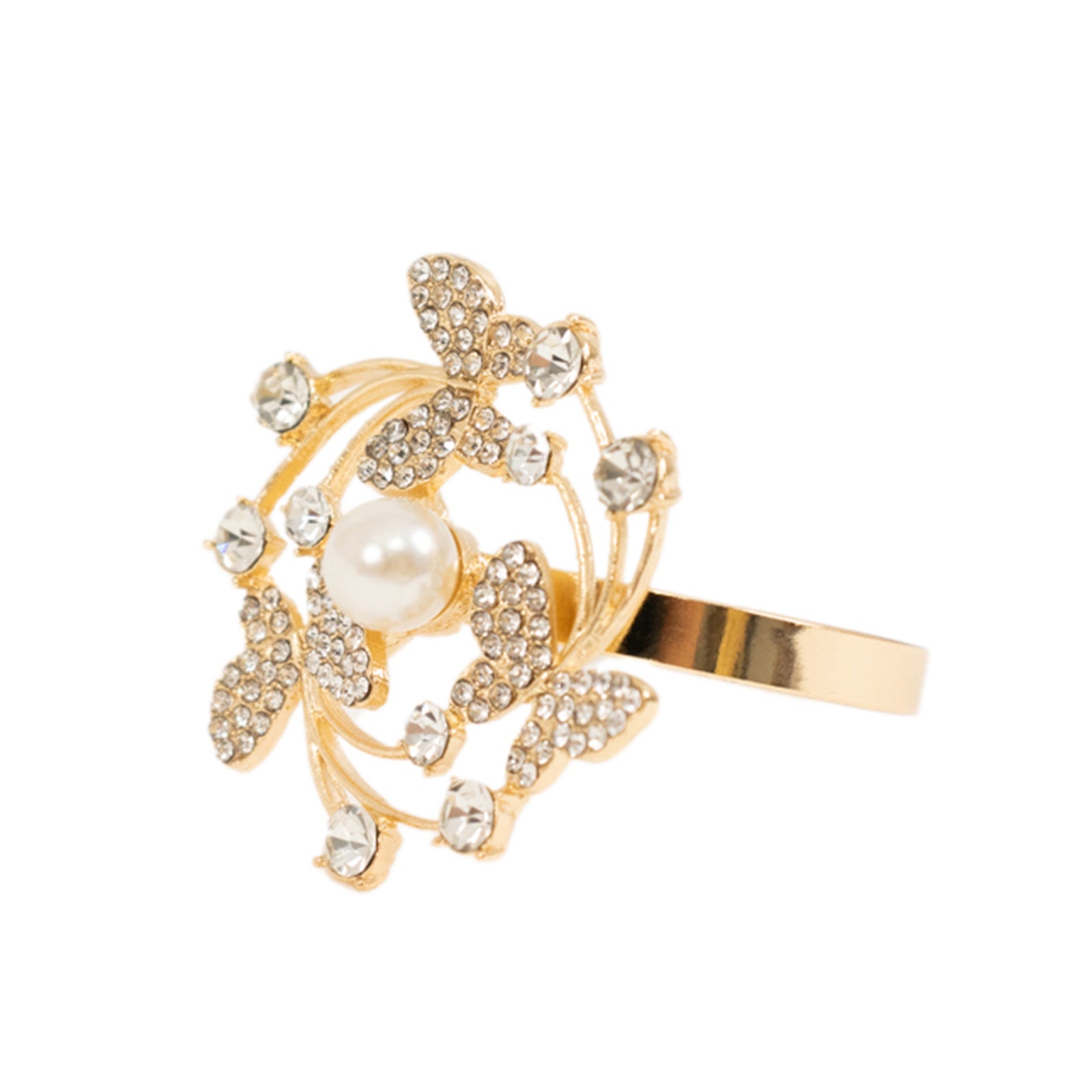 4 Pack Gold Metal Butterfly Napkin Rings with Pearl and Rhinestone Accents, Elegant Table Decoration for Weddings, Events, and Parties