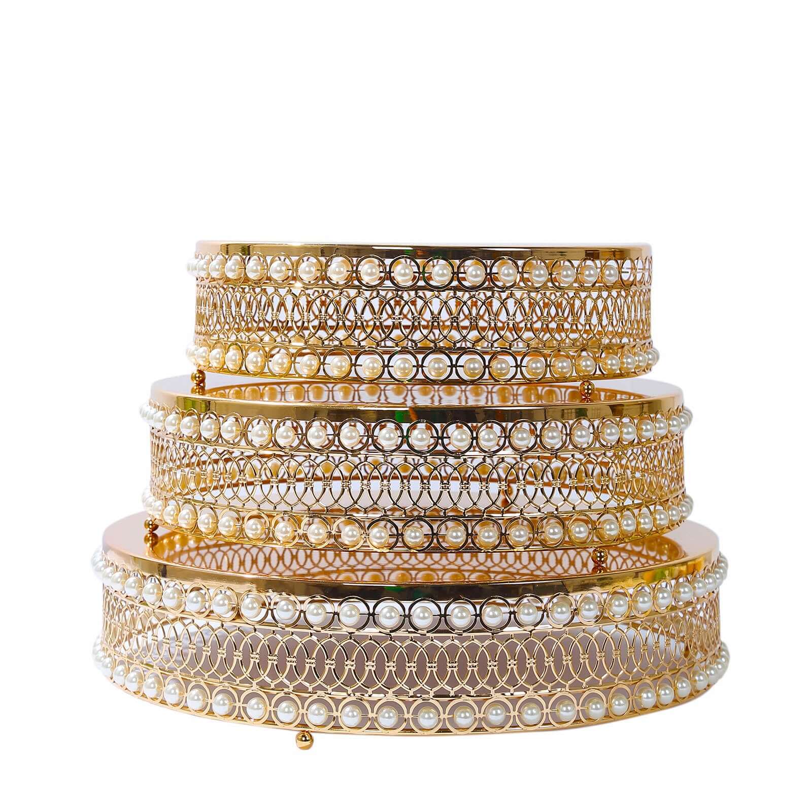 Set of 3 Cake Stands Round Design with Mirror Top Gold - Pearl Beaded Stackable Cupcake Holders Metal 12", 14", 16"
