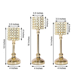 Set of 3 Votive Candle Holders White Pearl Beaded - Gold Sophisticated Small Pillar Stands 12", 14", 16"