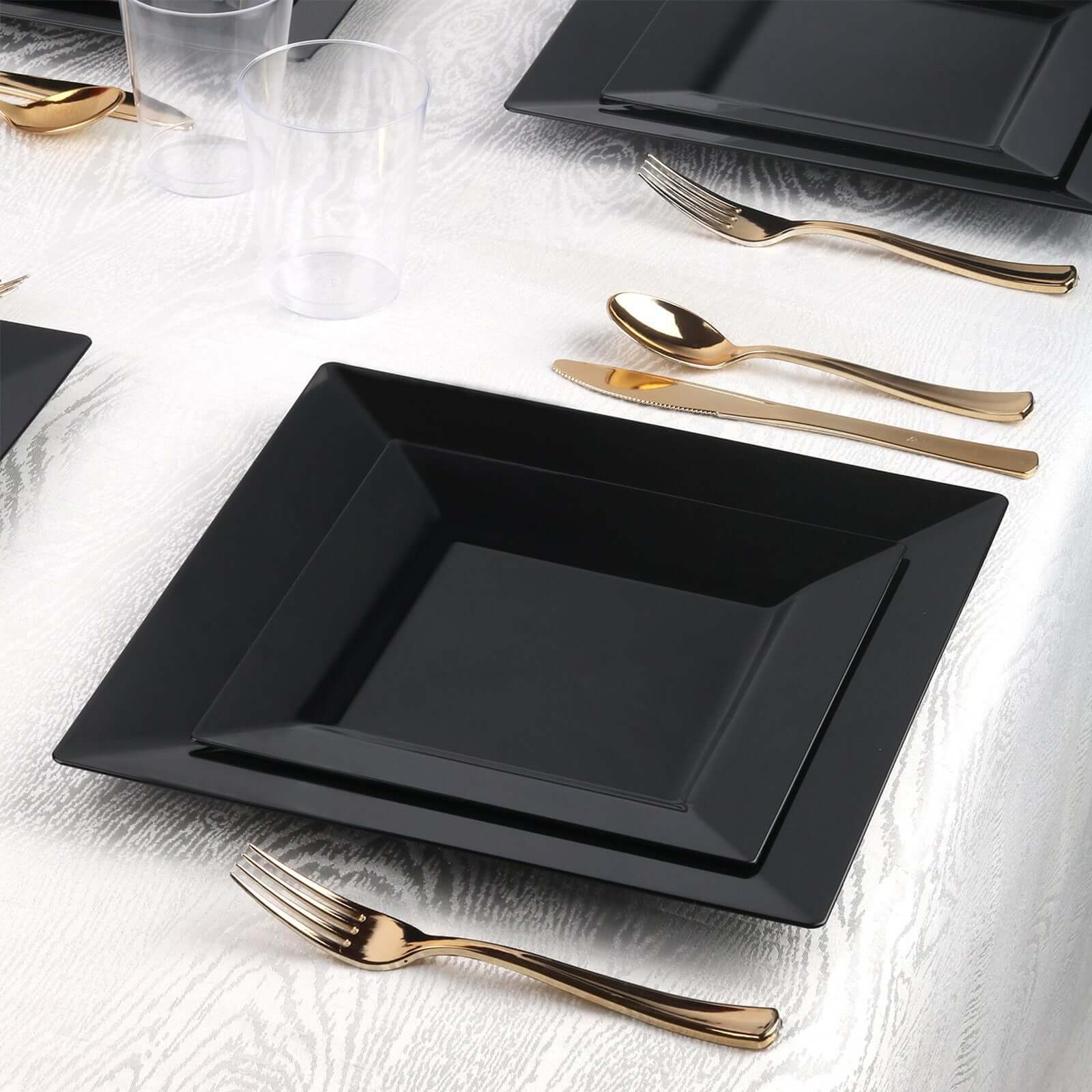 10-Pack Plastic Dinner Plates Glossy Black Square with Wide Rim - Sturdy Disposable Party Plates 10"