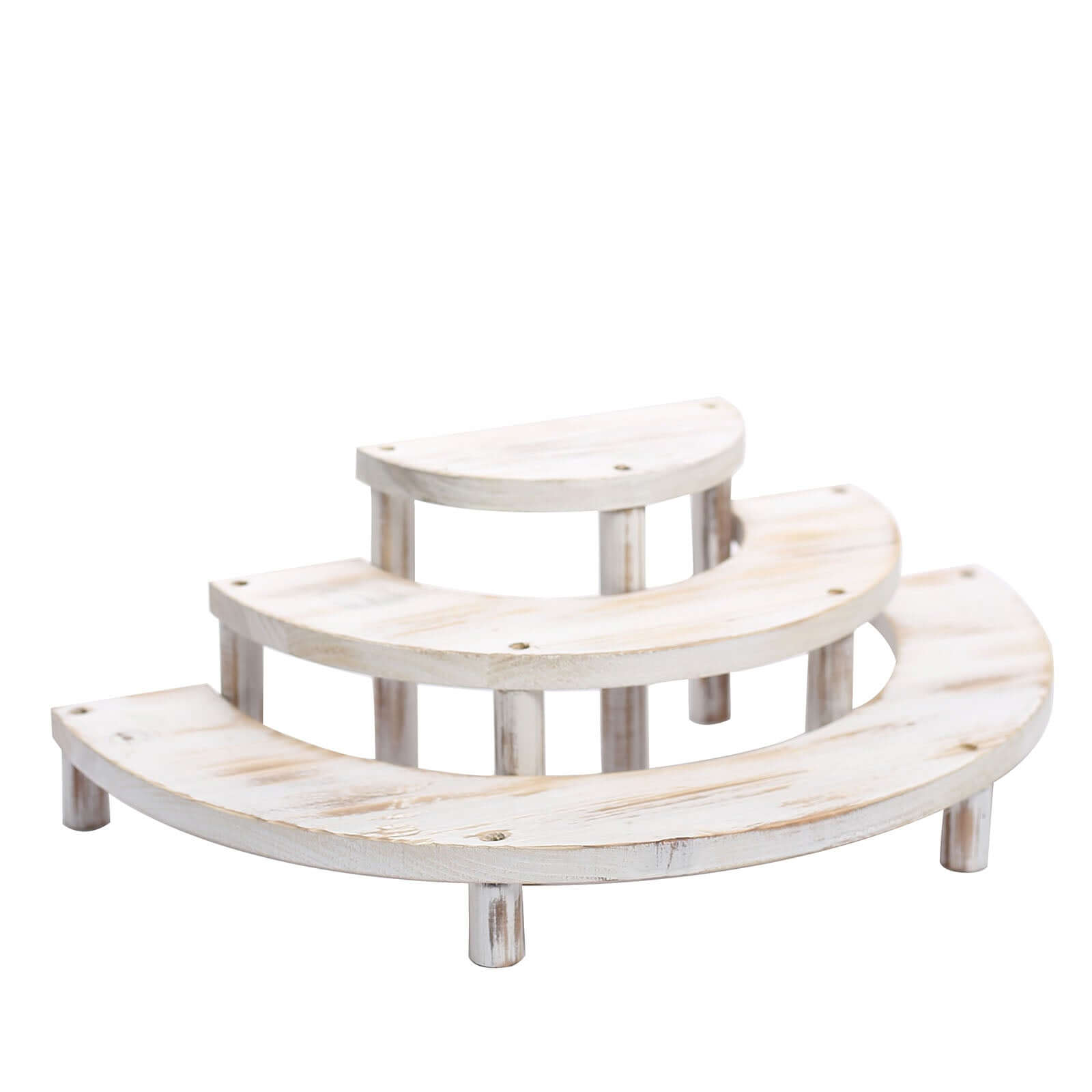 Set of 3 Wooden Dessert Pedestals Rustic Whitewashed 3-Tier Semicircle Design - Half Moon Cupcake Display Risers 7", 13", 18"