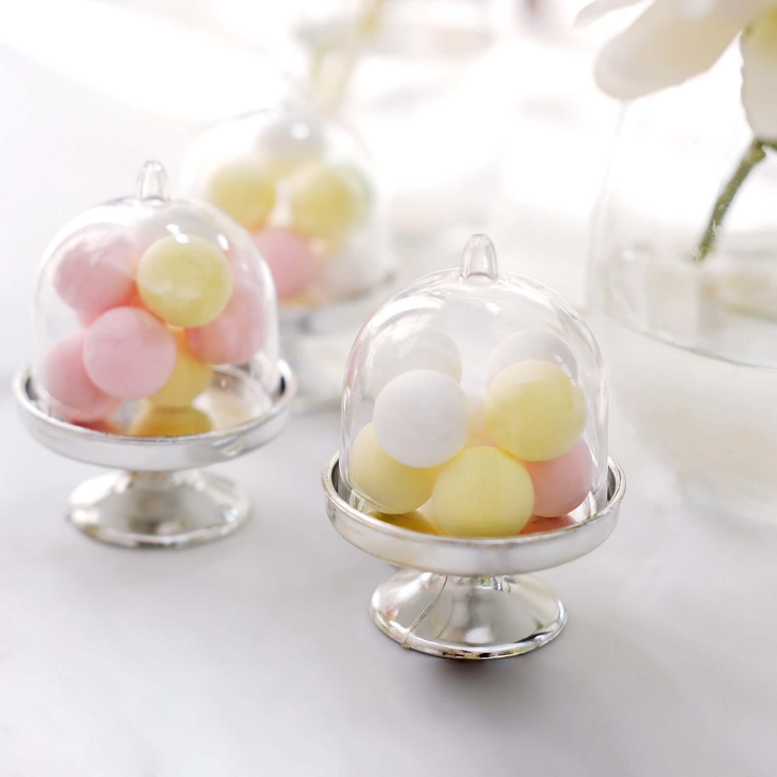 12-Pack Fillable Mini Pedestal Candy Container Clear/Silver - Stylish Candy Treat Favor Containers with Dome Lid 3"