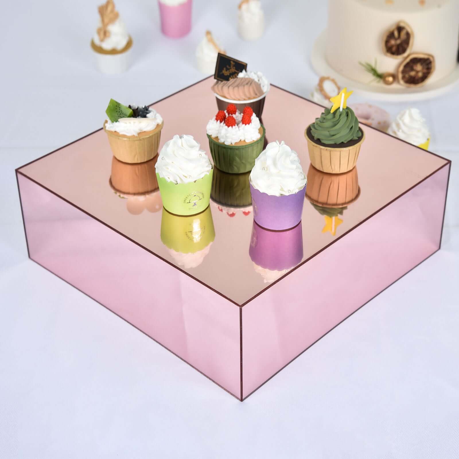 Acrylic Cake Box Stand Pedestal Riser Mirror Finish Rose Gold - Display for Desserts and Events 14"x14"