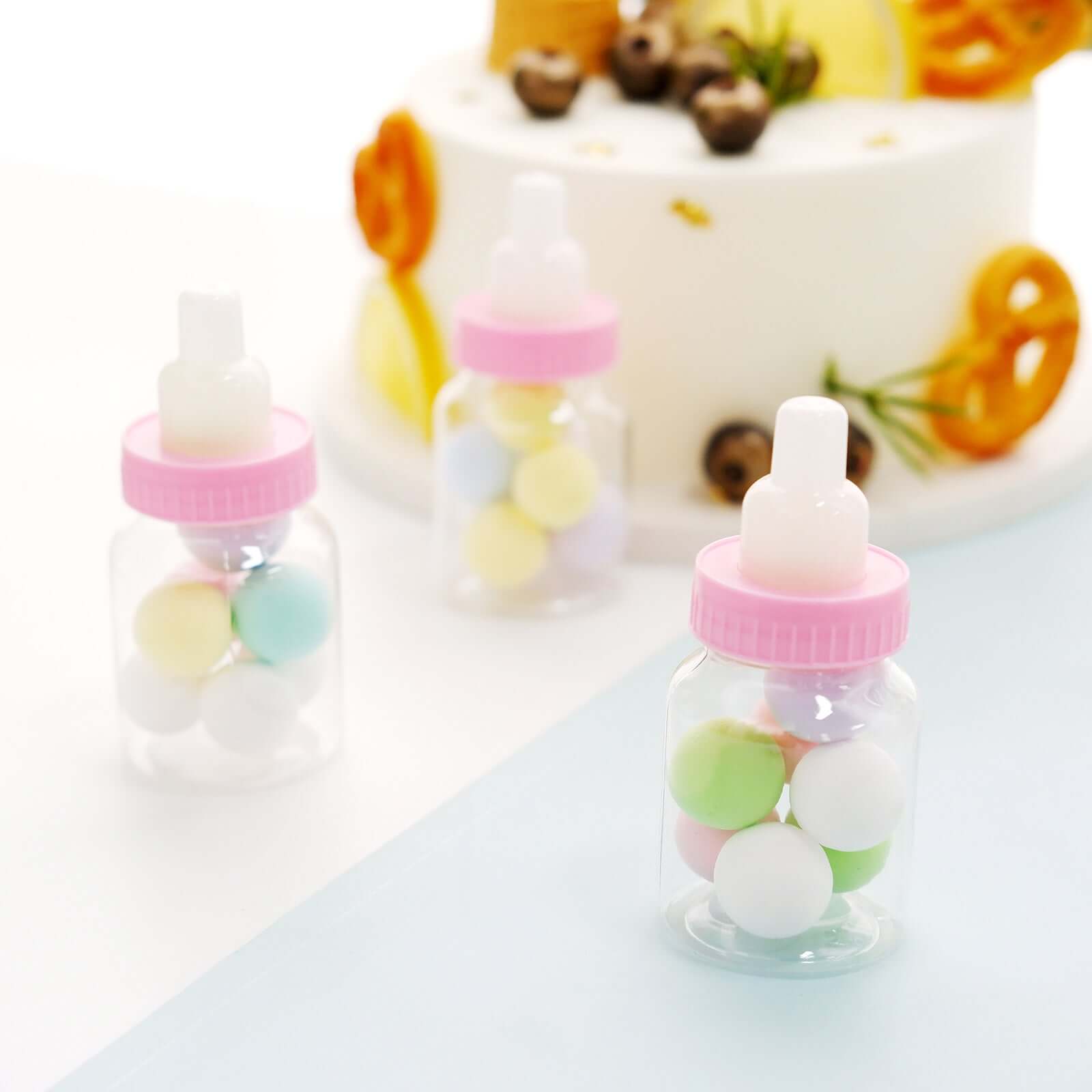 12-Pack Fillable Mini Candy Container in Baby Bottle Style Clear/Pink - Candy Treat Favor Boxes for Baby Showers 3.5"