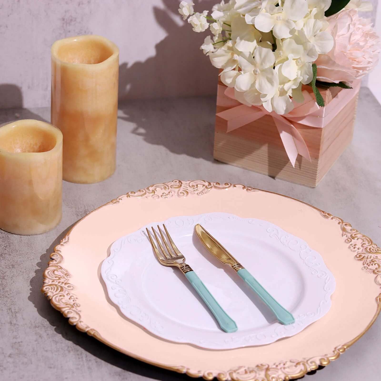 6-Pack Acrylic Round Charger Plates 13" in Blush with Gold Embossed Baroque Rim, Antique Decorative Dinner Party Charger Tableware