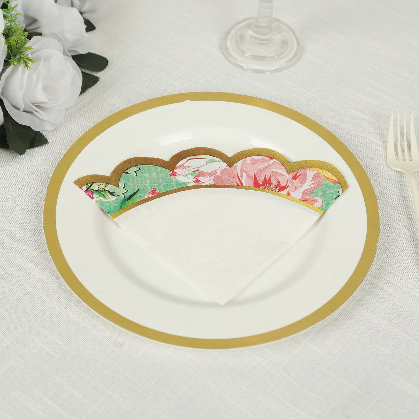 48-Pack Round Paper Cocktail Napkins with Vintage Floral Mixed Design and Scalloped Edges - Soft 2 Ply Disposable Napkins 12"