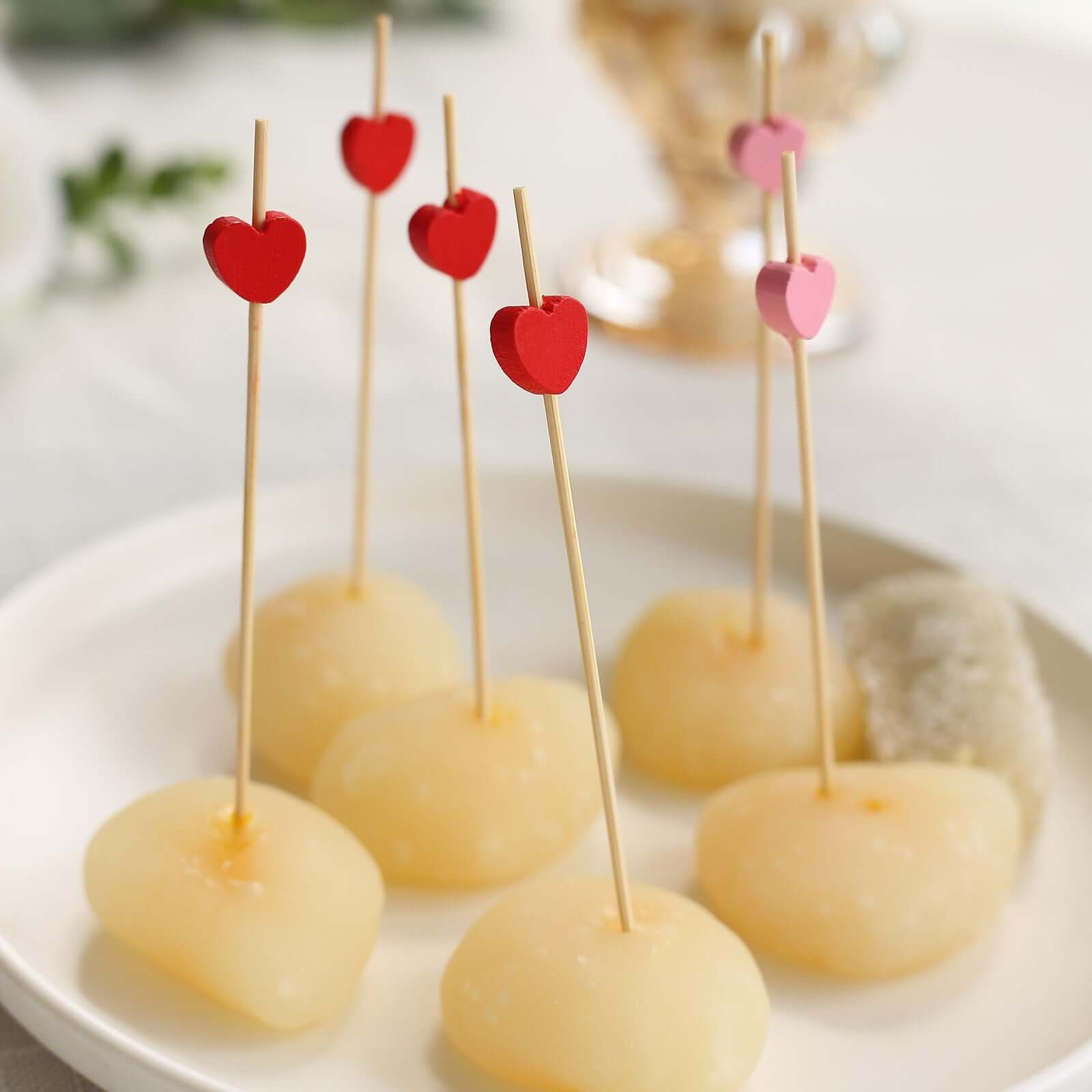 100-Pack Bamboo Cocktail Sticks Heart Design Eco Friendly Red/Pink - Biodegradable Fruit Appetizer Party Picks 5"