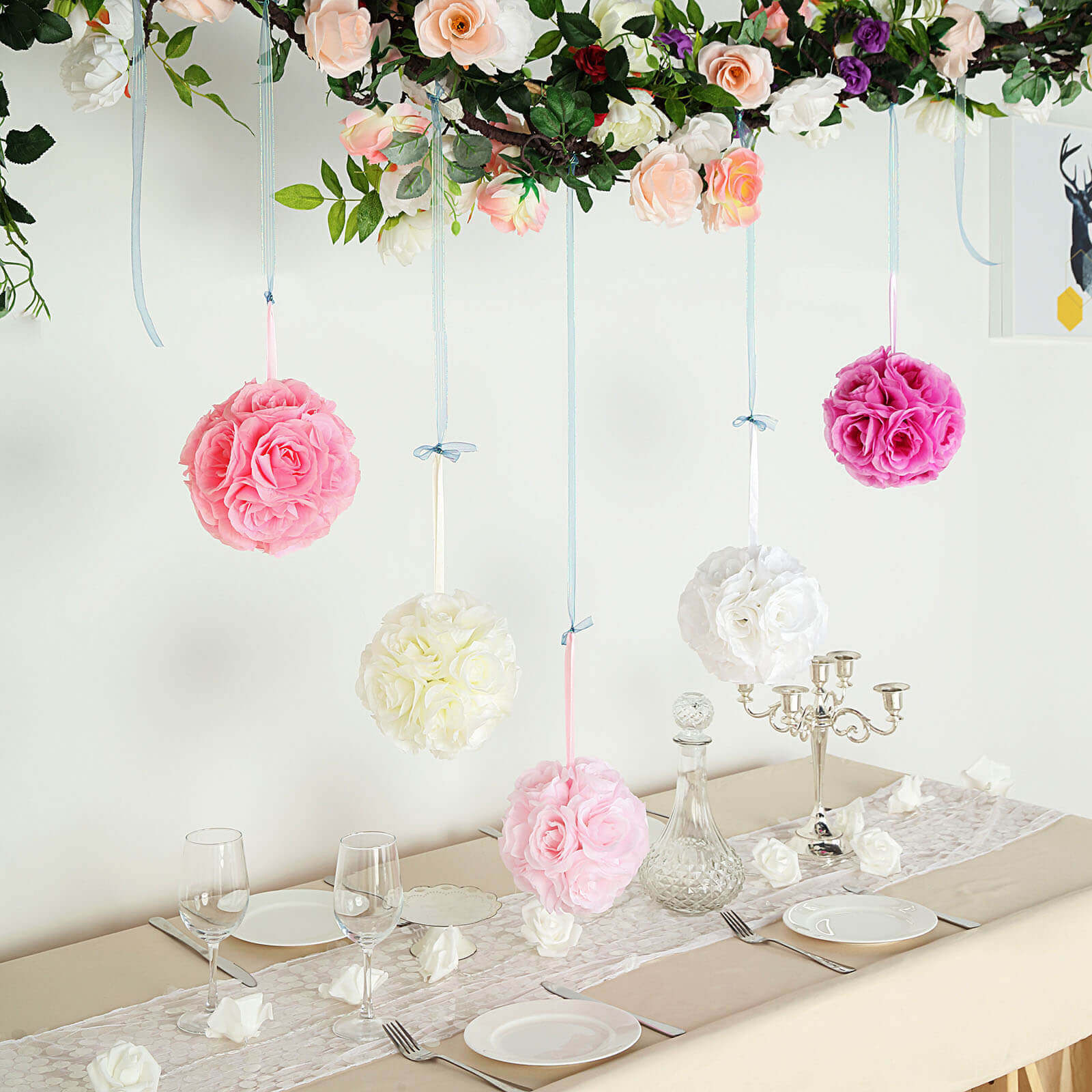 2 Pack 7" Pink Artificial Silk Rose Kissing Ball, Faux Flower Ball